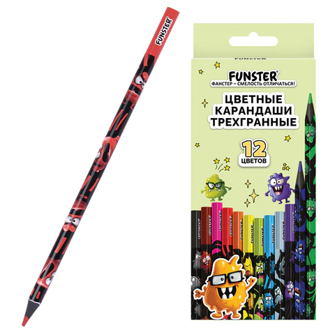 Карандаши 12цв. FUNSTER МОНСТРИКИ черный корп. с принтом, трехгран.
